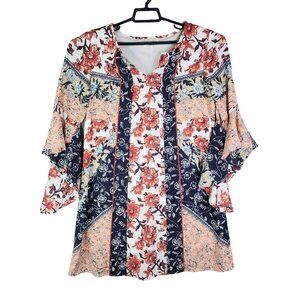 Women's Floral Patchwork Tunic Top Blouse w/ Bell Sleeves Multicolor Size S